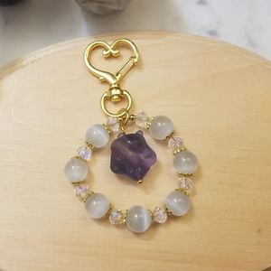 Crystal heart keychain grey moonstone with fluorite astronaut charm